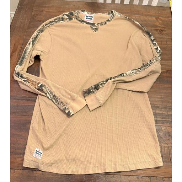 American Worker Shirt Mens XL Tan Thermal Waffle Knit Camo Trim Long Sleeve - Picture 1 of 9